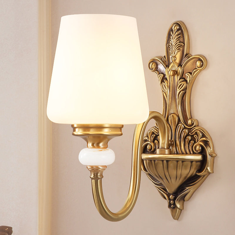 Opal Glass Tapered Sconce Light Vintage Stylish 1/2-Light Bedroom Wall Mounted Light with Golden Gooseneck Arm
