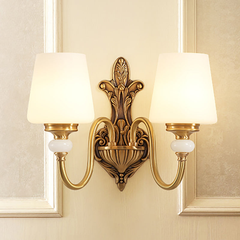 Opal Glass Tapered Sconce Light Vintage Stylish 1/2-Light Bedroom Wall Mounted Light with Golden Gooseneck Arm