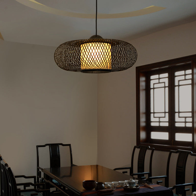 Bamboo Donut Ceiling Lamp Modern 1 Bulb Hanging Pendant Light in Black/Wood for Living Room