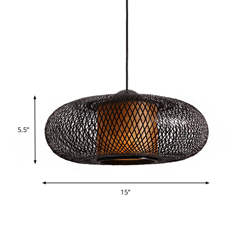 Bamboo Donut Ceiling Lamp Modern 1 Bulb Hanging Pendant Light in Black/Wood for Living Room