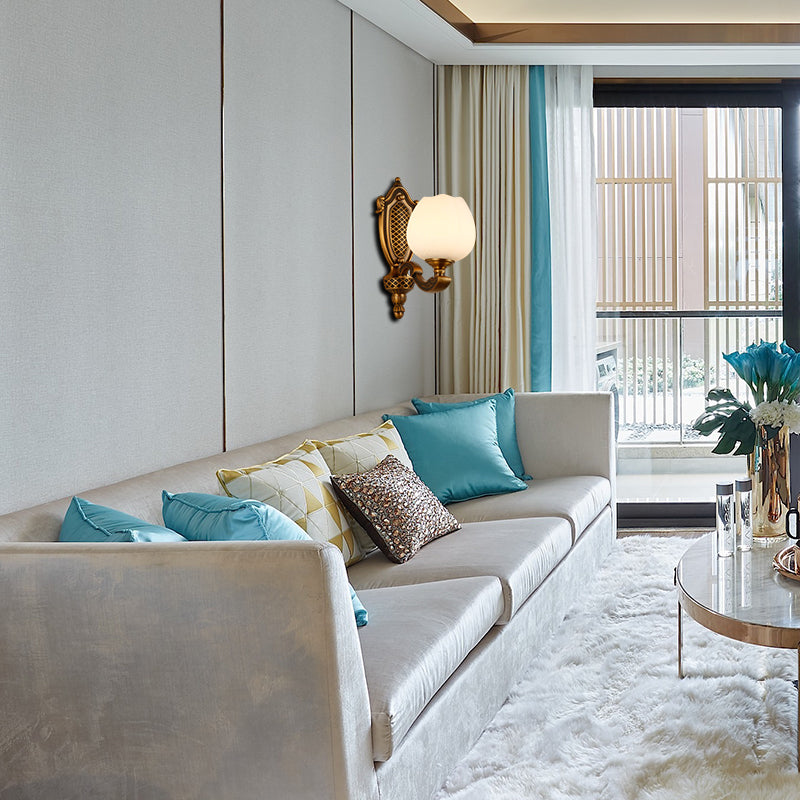 Schüssel weiße Glas Wandlampe Vintage Style 1/2-Kopf-Schlafzimmer Wandleuchte in Messing