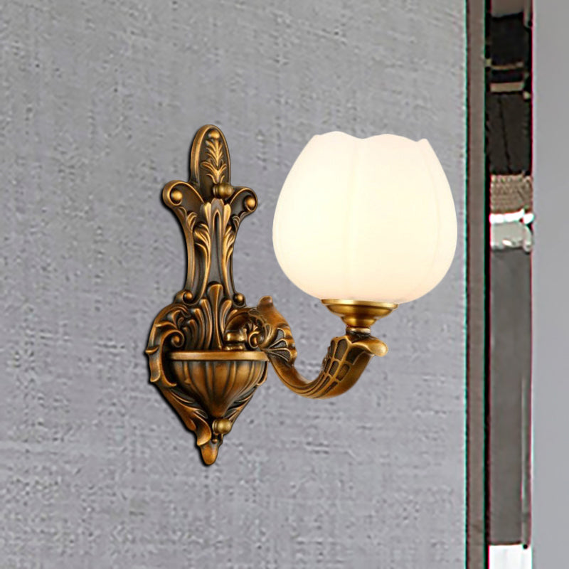 1/2-Light Bowl Shade Wall Sconce Vintage Stylish Antique Brass Metal Wall Light with Milky Glass Shade