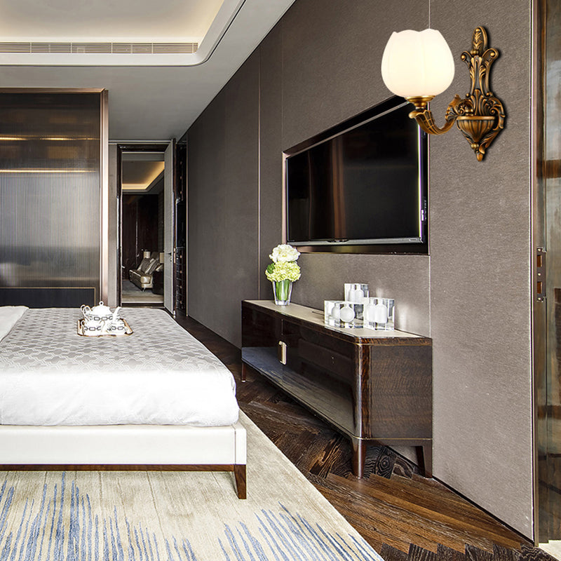 1/2-Light Bowl Shade Wall Sconce Vintage Stylish Antique Brass Metal Wall Light with Milky Glass Shade