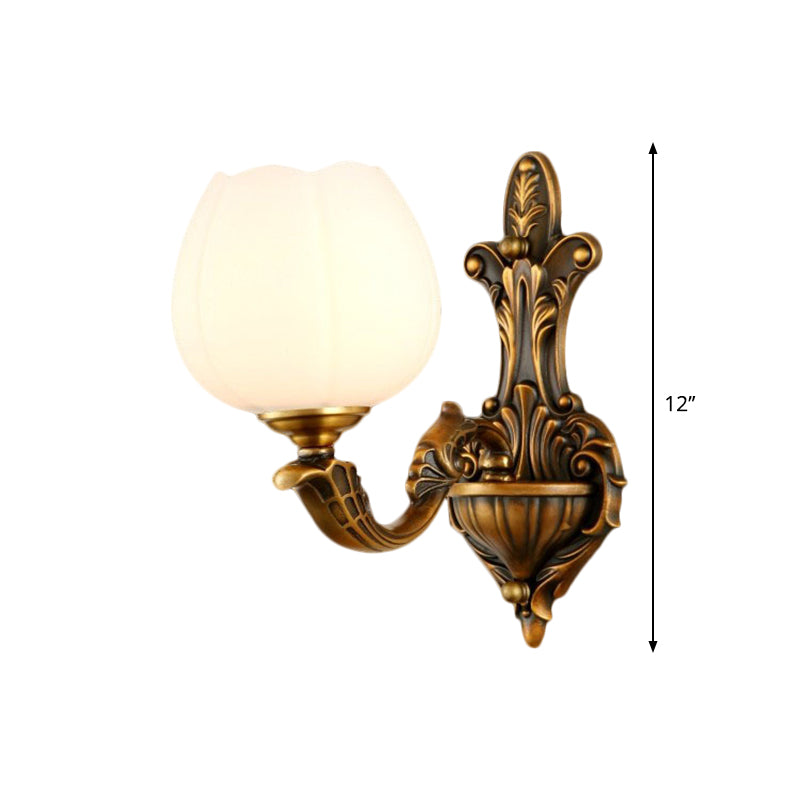 1/2-Light Bowl Shade Wall Sconce Vintage Stylish Antique Brass Metal Wall Light with Milky Glass Shade