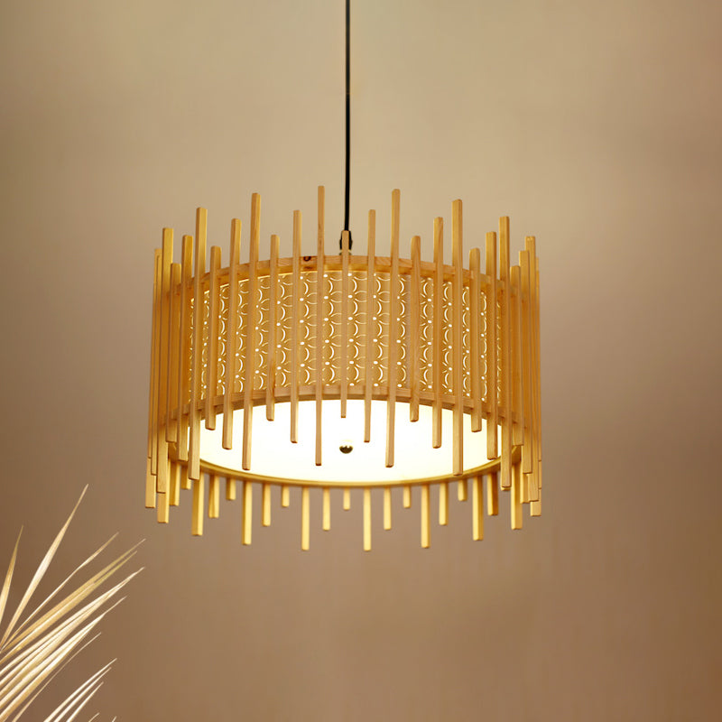 Colgante de suspensión cilíndrica madera retro 1 bulbo beige kit de luz colgante con sombra de PVC blanca interna