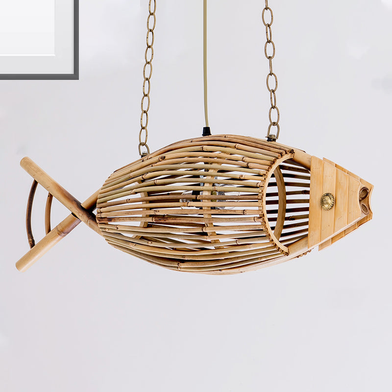 1 bulbo de techo de techo lámpara de madera asiática lámpara con sombra de bambú de pescado