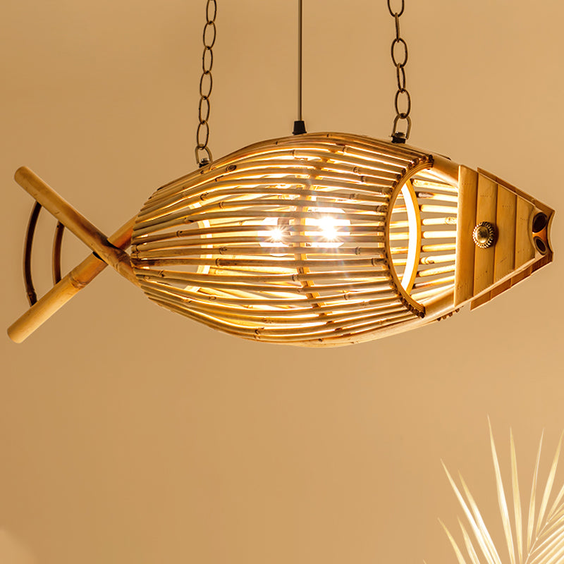 1 bulbo de techo de techo lámpara de madera asiática lámpara con sombra de bambú de pescado