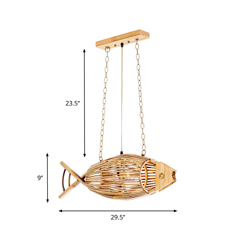 1 bulbo de techo de techo lámpara de madera asiática lámpara con sombra de bambú de pescado