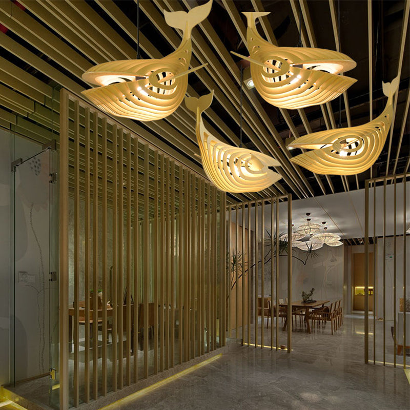 Whale Suspension Anhänger zeitgenössisches Holz 1 Glühbirne Beige Hanging Light Kit für Treppe
