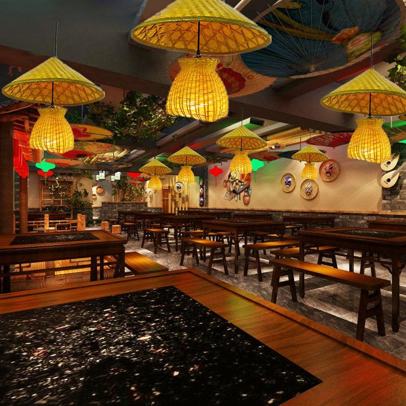 Bamboo Cone Suspension Pendant Traditional 1 Head Wood Hanging Ceiling Light with Basket