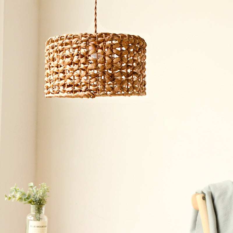 Éclairage pendentif à tambour marron Traditionnaire Ratant 1 Kit de lampe suspendue de l'ampoule pour salle à manger