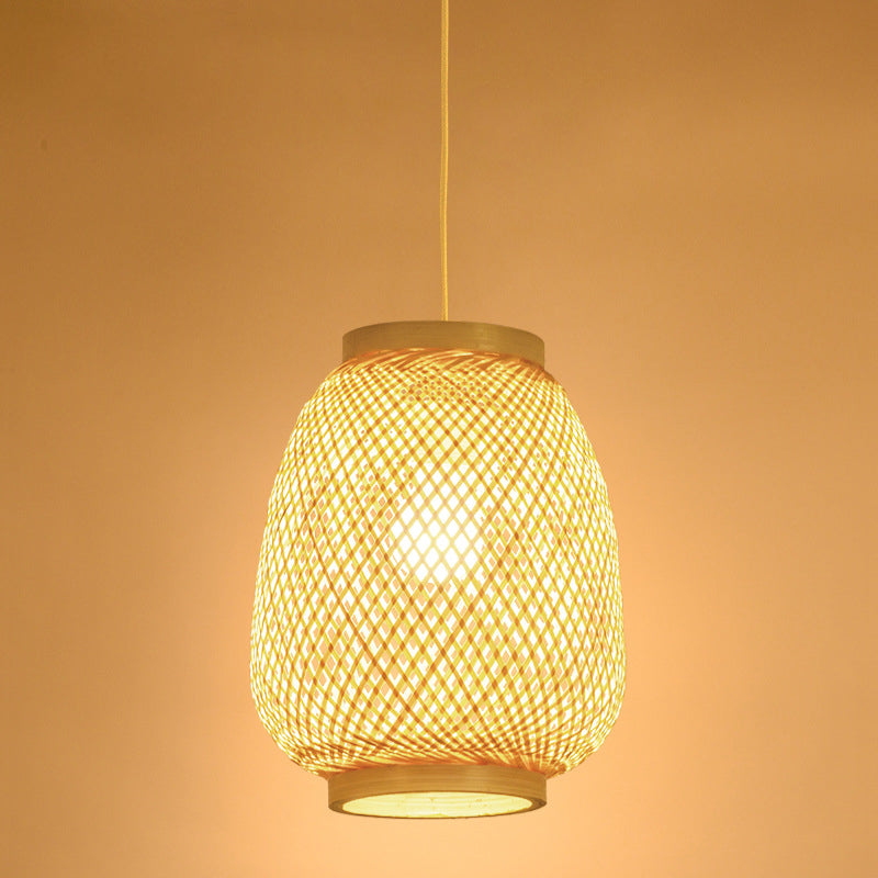 Wood Lantern Pendant Lighting Traditionary Bamboo 1 Bulb Hanging Lamp Kit for Teahouse