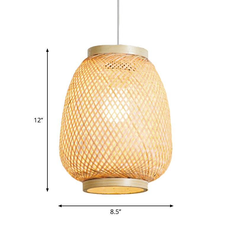 Wood Lantern Pendant Lighting Traditionary Bamboo 1 Bulb Hanging Lamp Kit for Teahouse