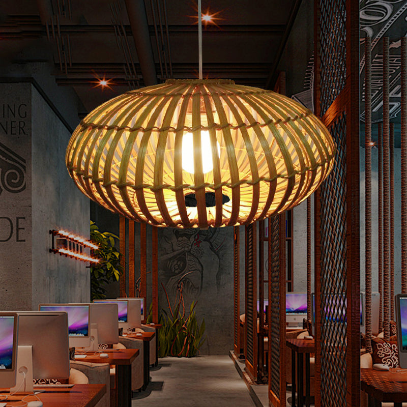 1 Bulb Restaurant Pendant Light Tradition Wood Hanging Lamp Kit with Donut Bamboo Shade