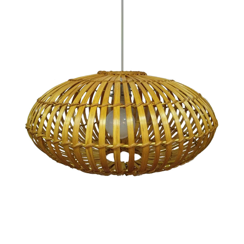1 Bulb Restaurant Pendant Light Tradition Wood Hanging Lamp Kit with Donut Bamboo Shade