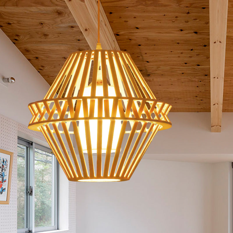 Iluminación colgante de cono de bambú asiático 1 Bulbo de madera de madera Luz colgante con sombra de tela blanca interna