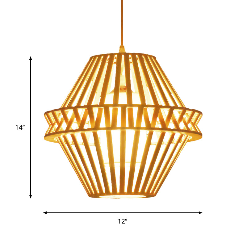 Iluminación colgante de cono de bambú asiático 1 Bulbo de madera de madera Luz colgante con sombra de tela blanca interna