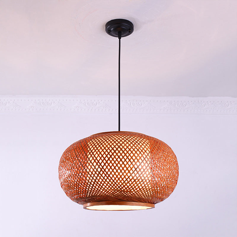 Curved Drum Suspension Pendant Asian Bamboo 1 Bulb Brown Hanging Light Kit, 16"/19.5"/23.5" Wide
