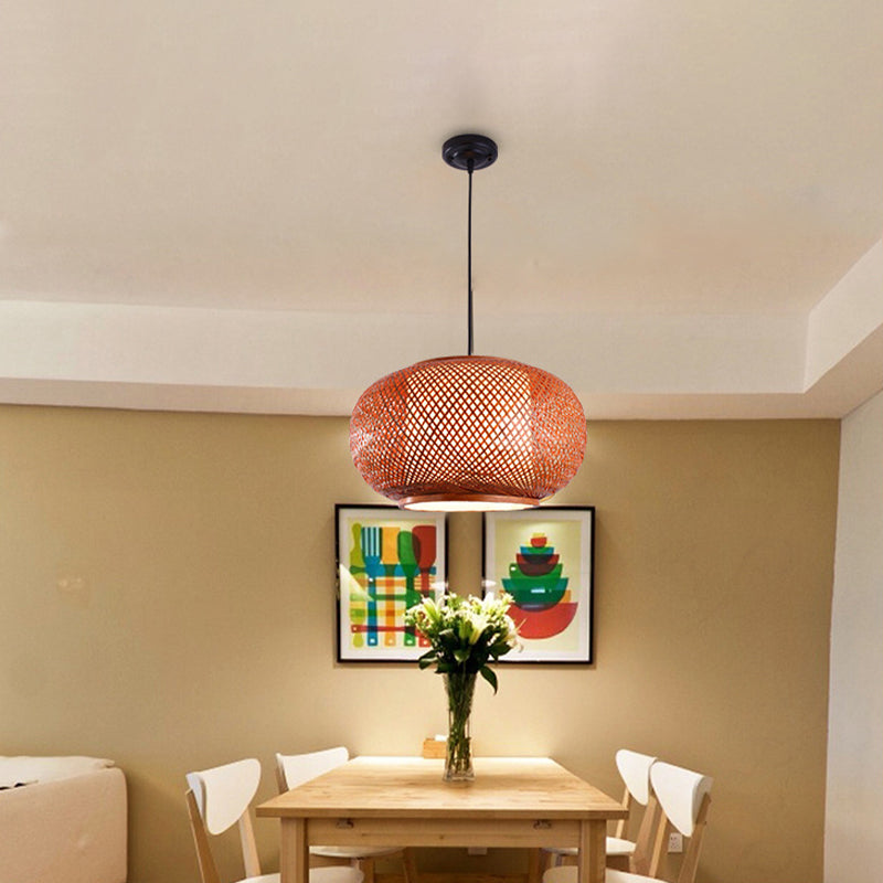Curved Drum Suspension Pendant Asian Bamboo 1 Bulb Brown Hanging Light Kit, 16"/19.5"/23.5" Wide