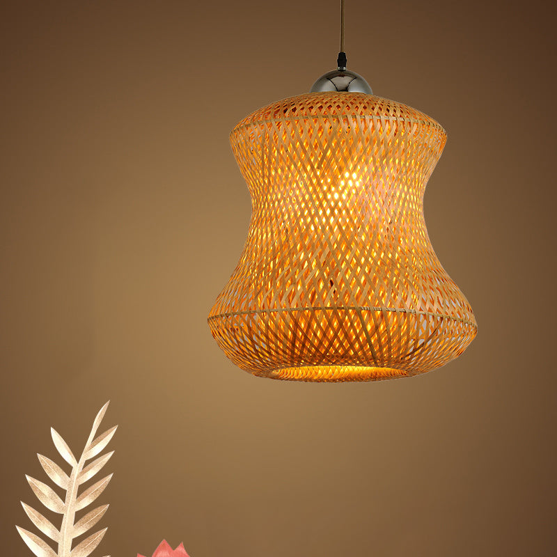 1 Bulb Tearoom Ceiling Light Asian Coffee Pendant Light Fixture with Handcrafted Bamboo Shade