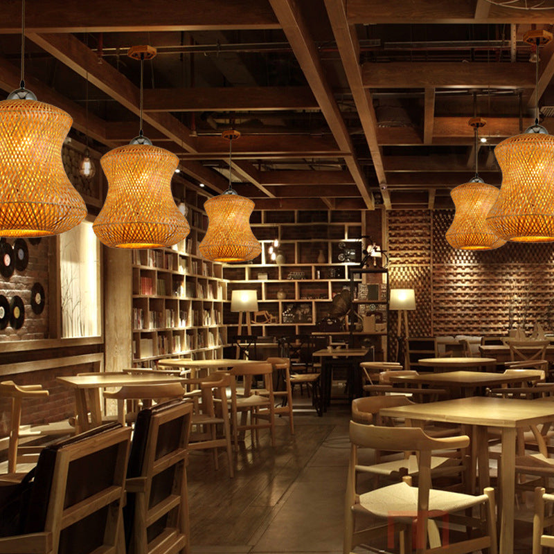 1 Bulb Tearoom Ceiling Light Asian Coffee Pendant Light Fixture with Handcrafted Bamboo Shade