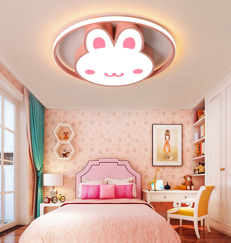 19.5" Wide Cute Cartoon Rabbit LED Ceiling Light Eye Protection Acrylic Pink Lighting Fixture for Kindergarten