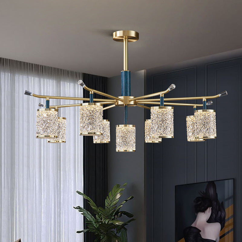 Diner Chandelier Modern Brass Pendant Light with Cylindrical Rippled Glass Shade