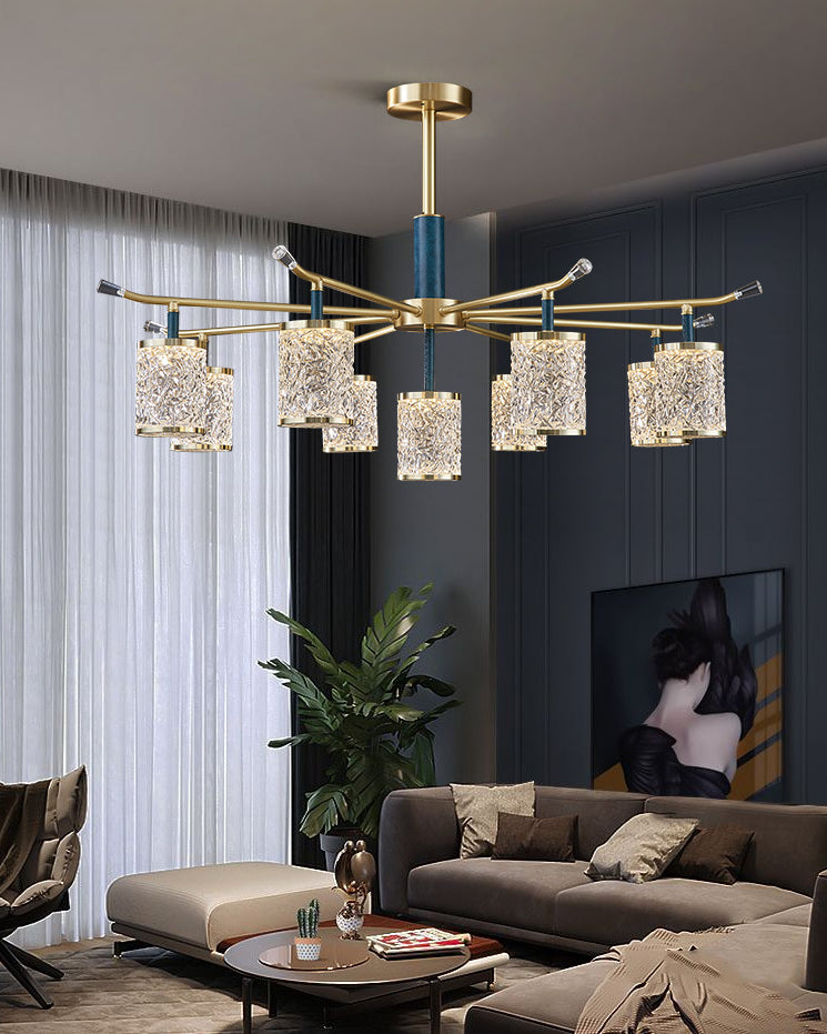 Diner Chandelier Modern Brass Pendant Light with Cylindrical Rippled Glass Shade
