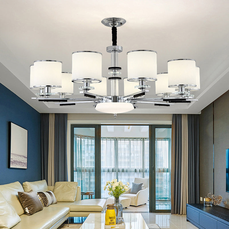 Luz de suspensión de estilo cilíndrico de vidrio de costilla blanca para sala de estar para sala de estar