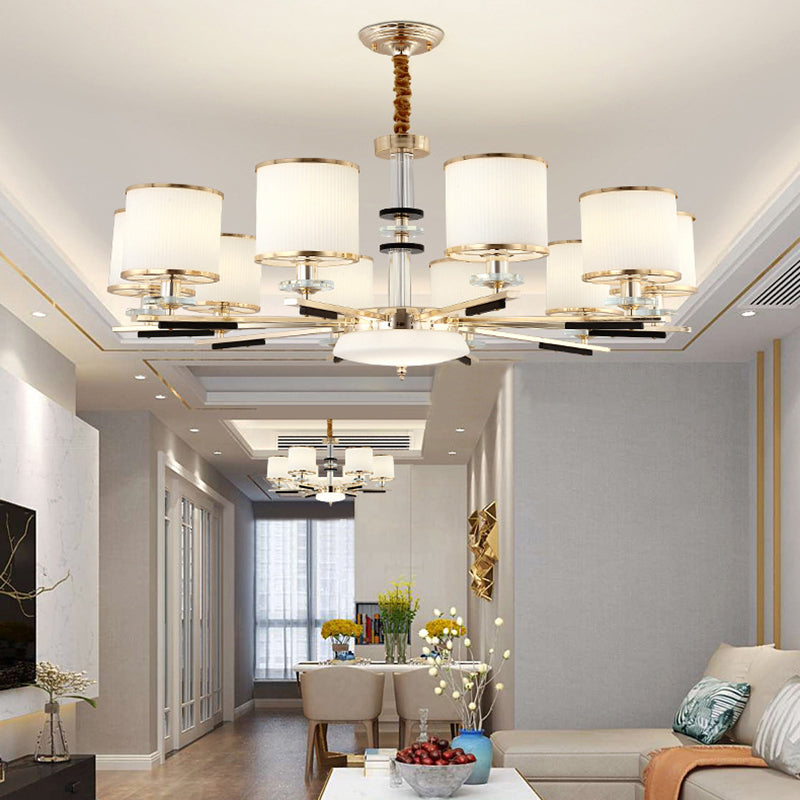 Luz de suspensión de estilo cilíndrico de vidrio de costilla blanca para sala de estar para sala de estar