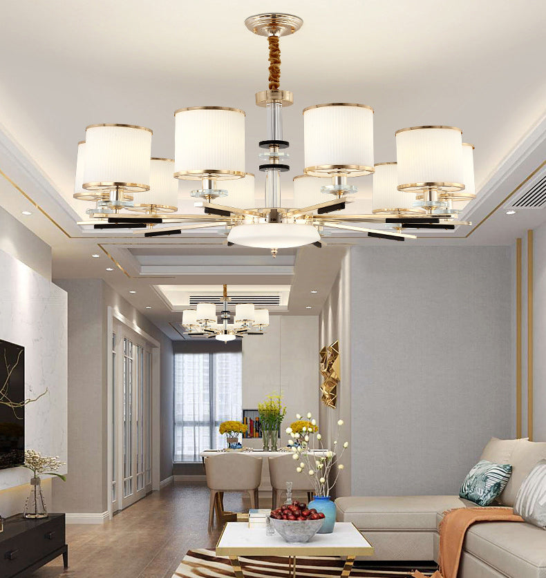 Luz de suspensión de estilo cilíndrico de vidrio de costilla blanca para sala de estar para sala de estar