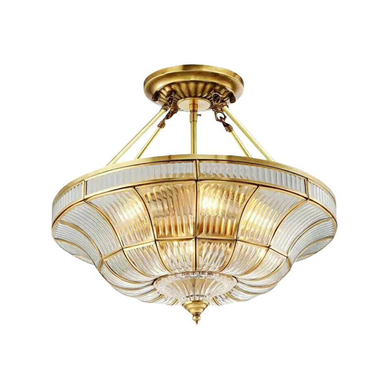 16"/19.5" Wide 3/6 Lights Bedroom Semi-Flush Mount Traditional Brass Semi Flush Light with Faceted Clear Ribbed Glass Shade
