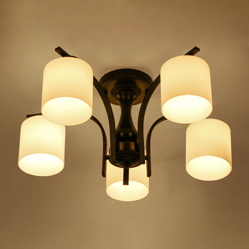 Cylindrical Shade Flush Mount Lighting Modern Rustic Style White White Glass Semi Flush pour le salon