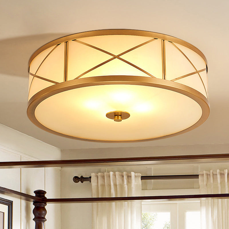 Brass Drum Flush Mount Light Traditional Style Glass Ceiling Light for Bedroom Living Room