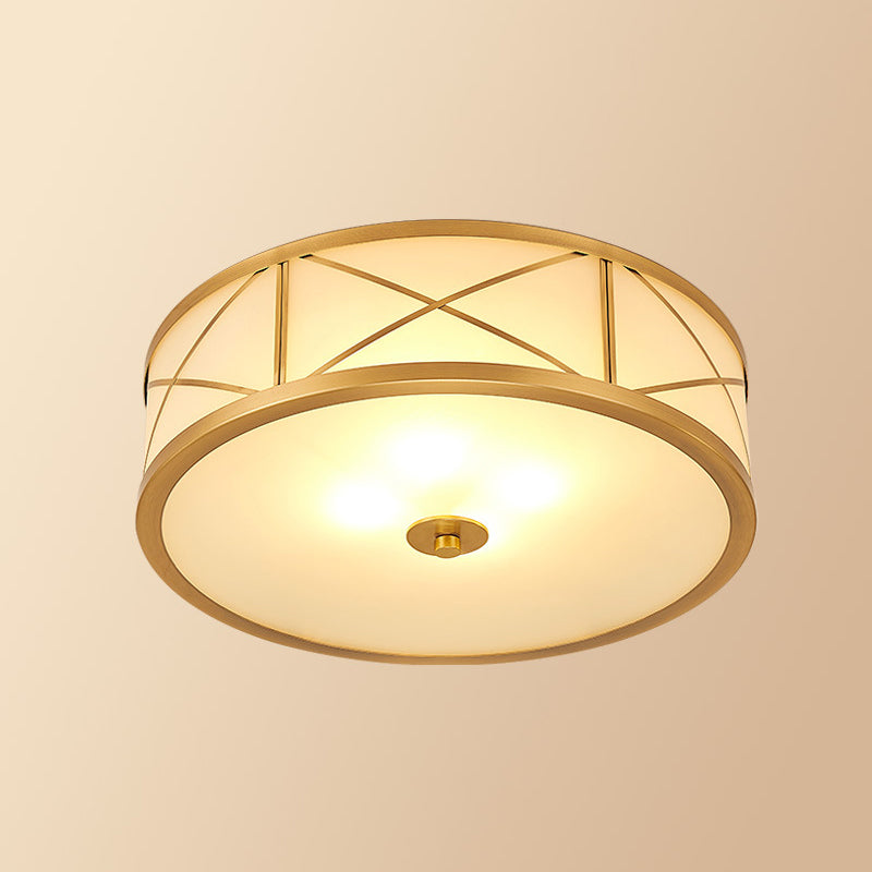 Brass Drum Flush Mount Light Traditional Style Glass Ceiling Light for Bedroom Living Room