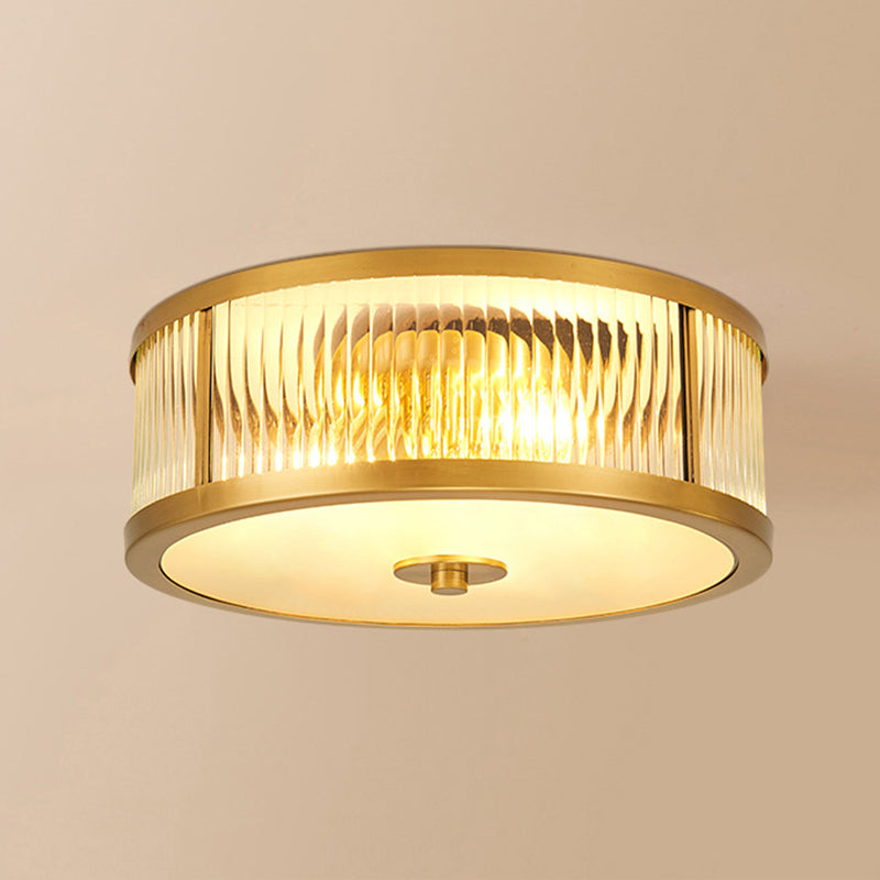 Brass Drum Flush Mount Light Traditional Style Glass Ceiling Light for Bedroom Living Room
