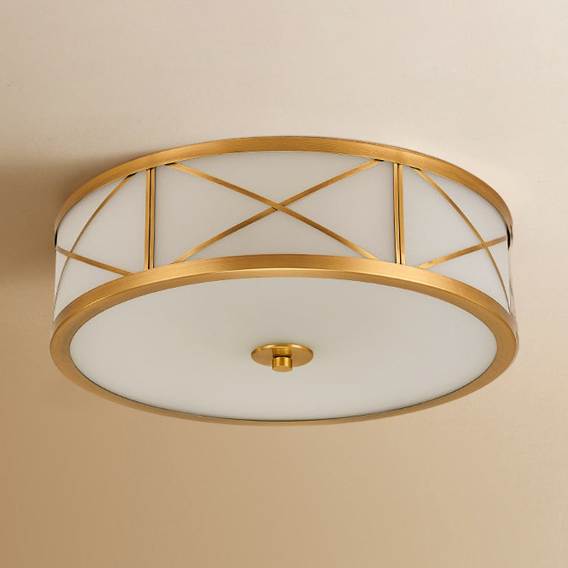 Brass Drum Flush Mount Light Traditional Style Glass Ceiling Light for Bedroom Living Room