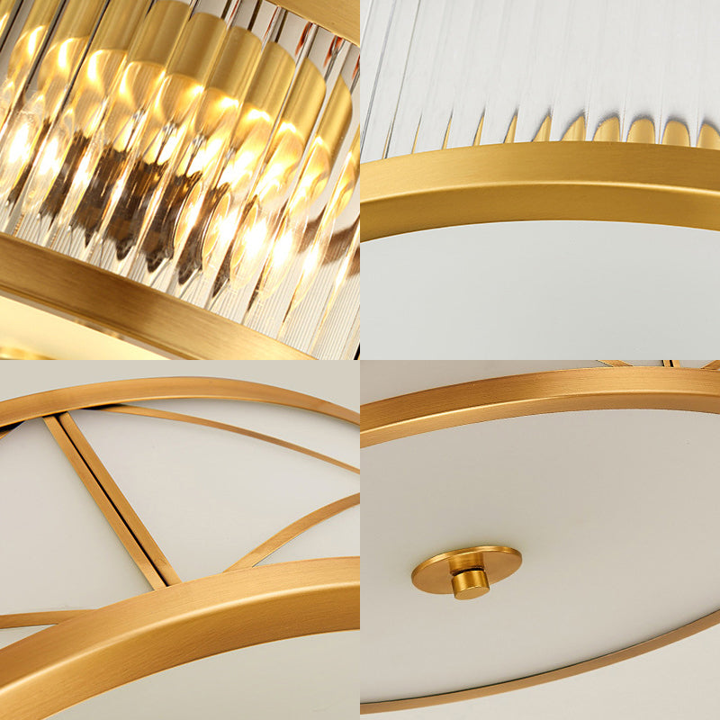 Brass Drum Flush Mount Light Traditional Style Glass Ceiling Light for Bedroom Living Room