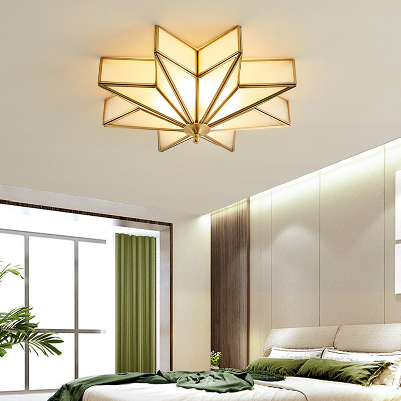 19.7 Inches Wide Octagonal Star Brass Ceiling Light White Glass Shade 4-Lights Traditional Rustic Style Flush Mount Lamp