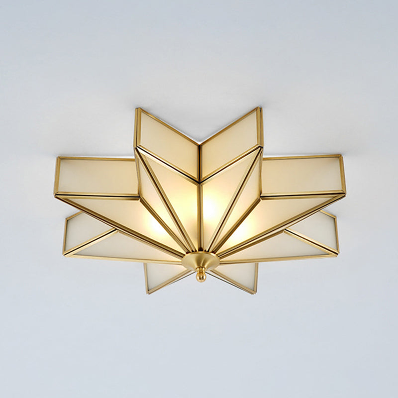 19.7 Inches Wide Octagonal Star Brass Ceiling Light White Glass Shade 4-Lights Traditional Rustic Style Flush Mount Lamp