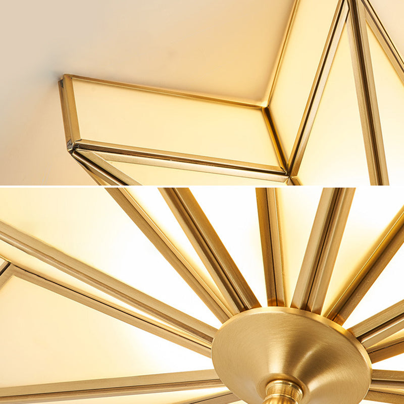 19.7 Inches Wide Octagonal Star Brass Ceiling Light White Glass Shade 4-Lights Traditional Rustic Style Flush Mount Lamp