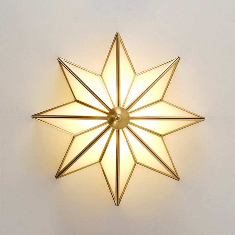 19.7 Inches Wide Octagonal Star Brass Ceiling Light White Glass Shade 4-Lights Traditional Rustic Style Flush Mount Lamp