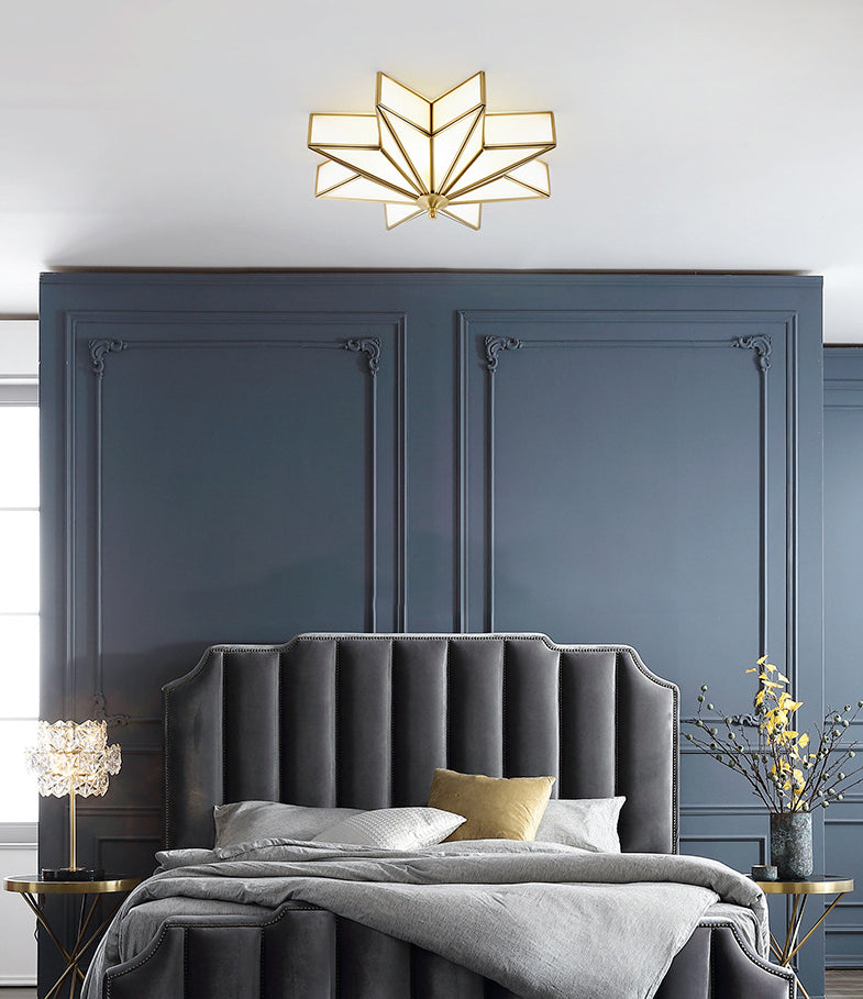 19.7 Inches Wide Octagonal Star Brass Ceiling Light White Glass Shade 4-Lights Traditional Rustic Style Flush Mount Lamp