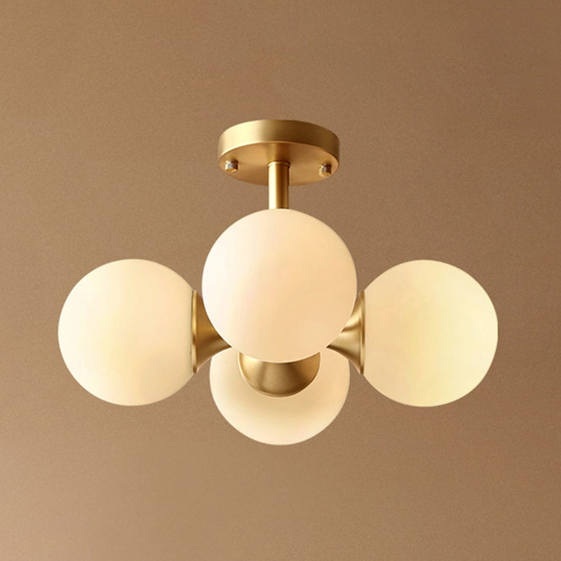 4-Lights White Globe Glass Ceiling Light 16.5" Wide Nordic Style Minimalism Brass Semi Flush Mount Lamp