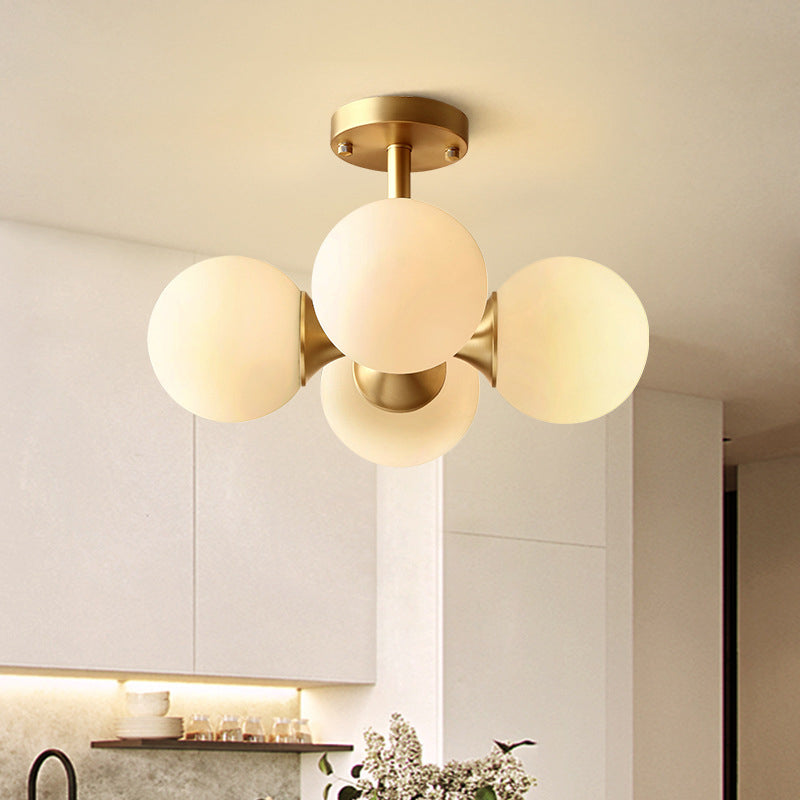 4-Lights White Globe Glass Ceiling Light 16.5" Wide Nordic Style Minimalism Brass Semi Flush Mount Lamp