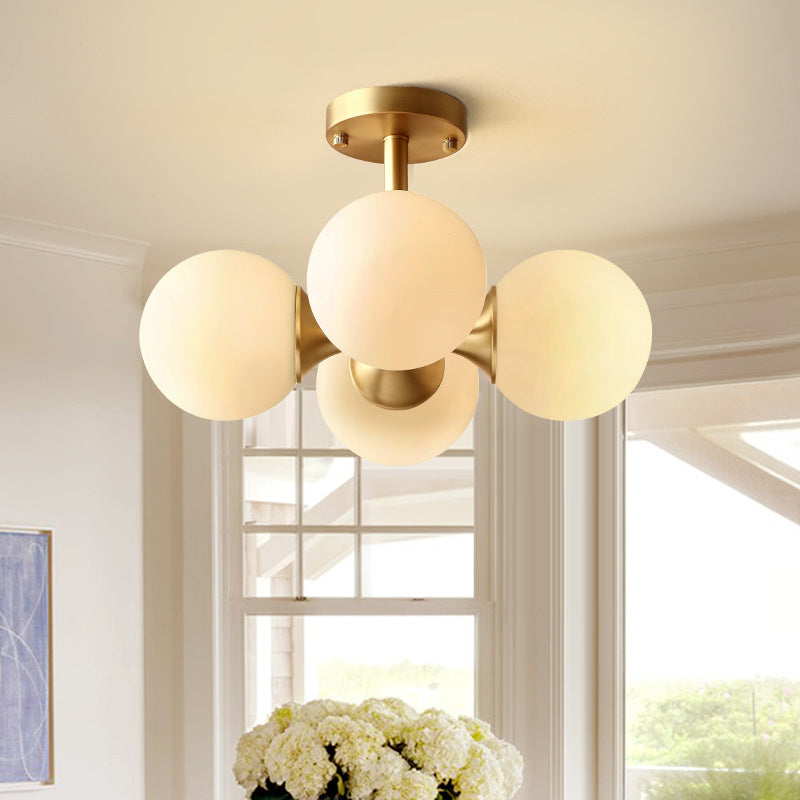 4-Lights White Globe Glass Ceiling Light 16.5" Wide Nordic Style Minimalism Brass Semi Flush Mount Lamp