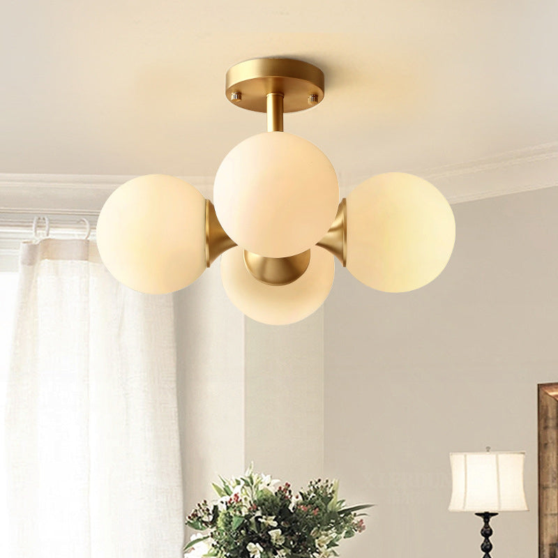 4-Lights White Globe Glass Ceiling Light 16.5" Wide Nordic Style Minimalism Brass Semi Flush Mount Lamp