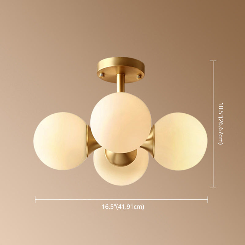 4-Lights White Globe Glass Ceiling Light 16.5" Wide Nordic Style Minimalism Brass Semi Flush Mount Lamp