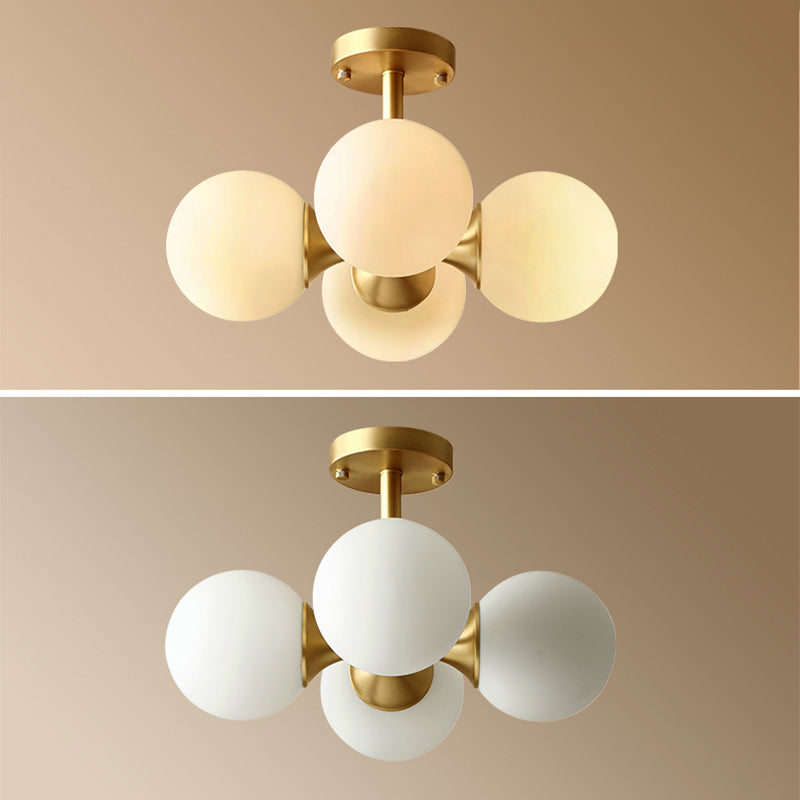 4-Lights White Globe Glass Ceiling Light 16.5" Wide Nordic Style Minimalism Brass Semi Flush Mount Lamp