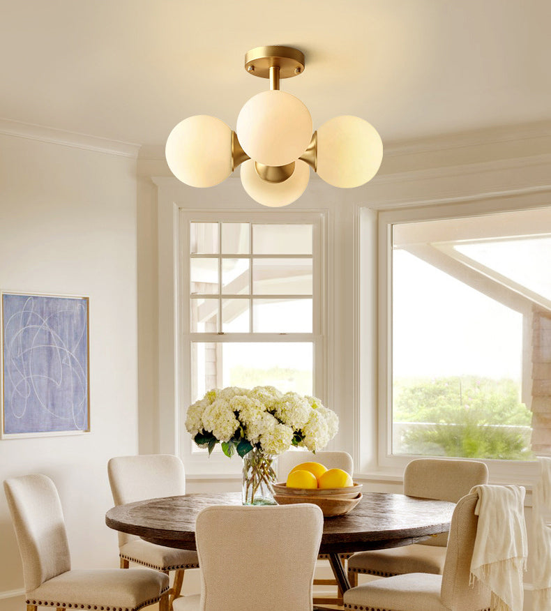 4-Lights White Globe Glass Ceiling Light 16.5" Wide Nordic Style Minimalism Brass Semi Flush Mount Lamp
